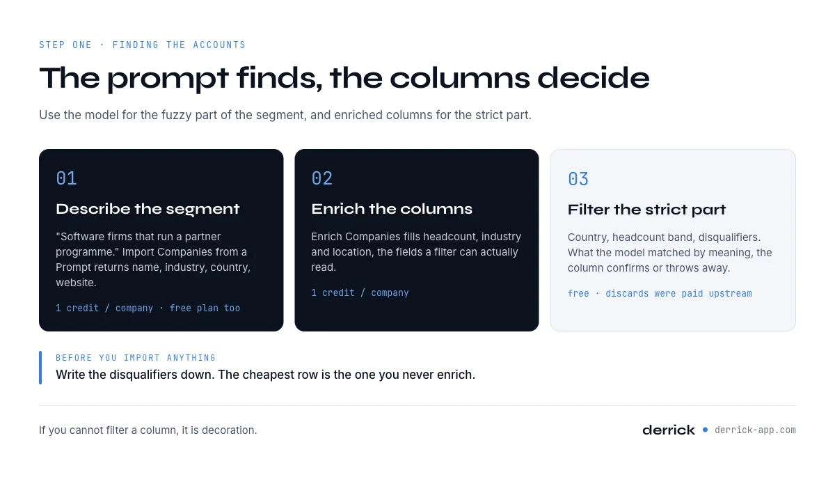 AI prospecting tools: import accounts from a prompt, then filter on enriched columns