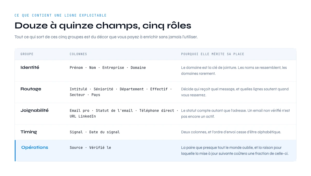Structure d'une ligne de fichier de prospection : douze à quinze champs en cinq groupes