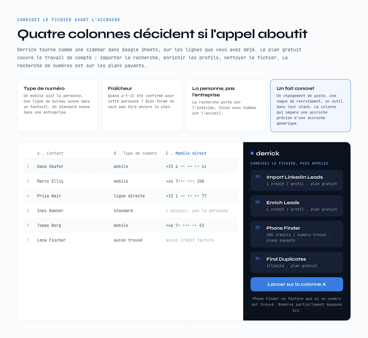 Les quatre colonnes de donnees qui decident si un appel de prospection aboutit, preparees dans une sidebar Google Sheets
