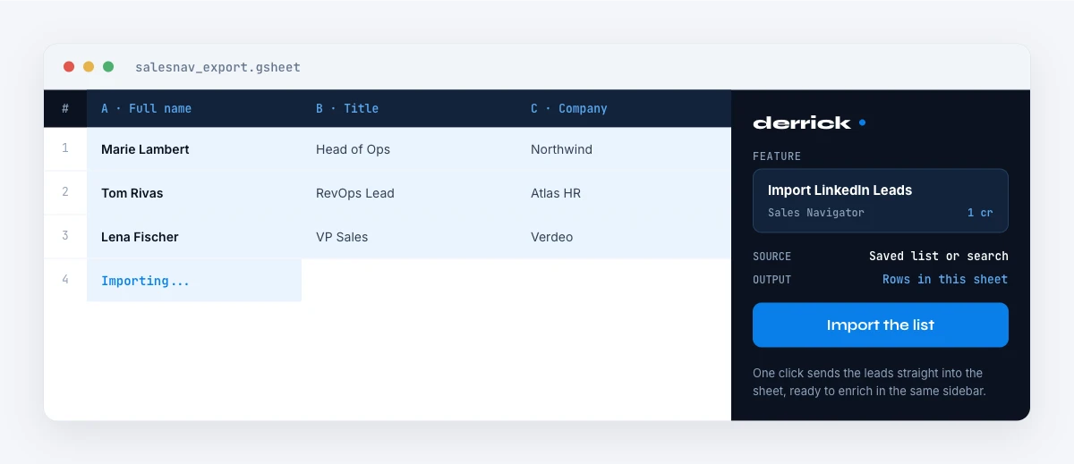 export Sales Navigator leads to Google Sheets with Derrick