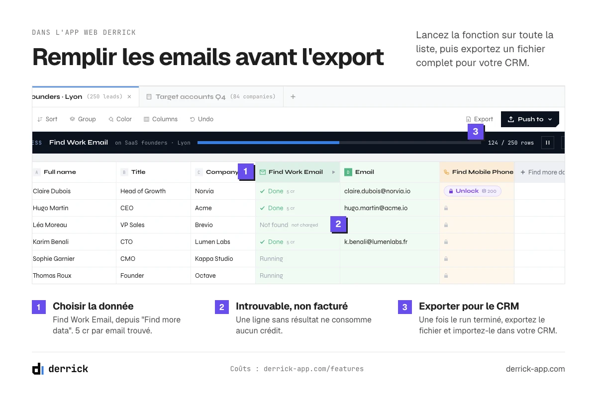 Enrichir la liste dans l'app web Derrick avant d'exporter vers un CRM