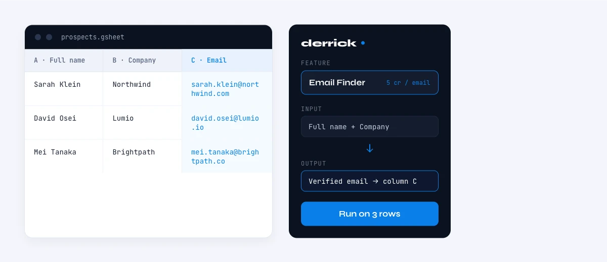 email finder tool in the Derrick sidebar