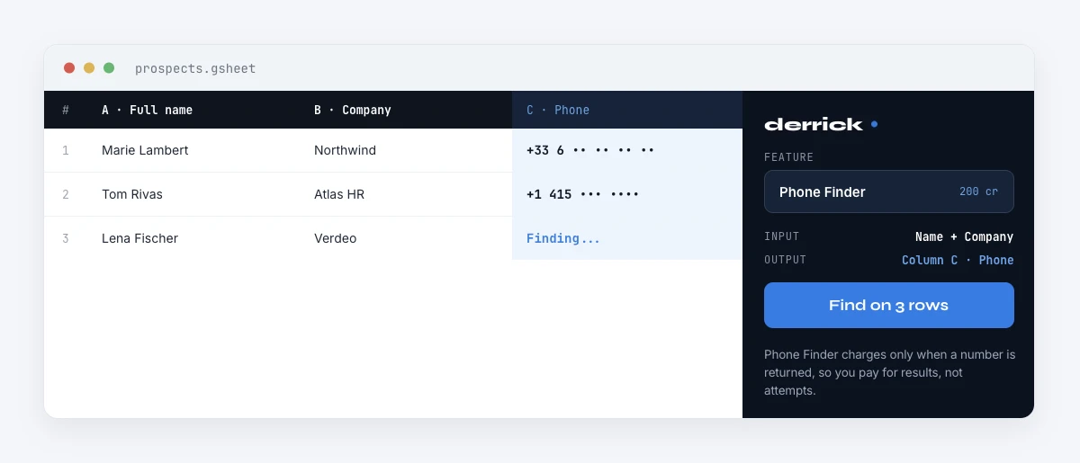find a phone number at scale with the Derrick sidebar