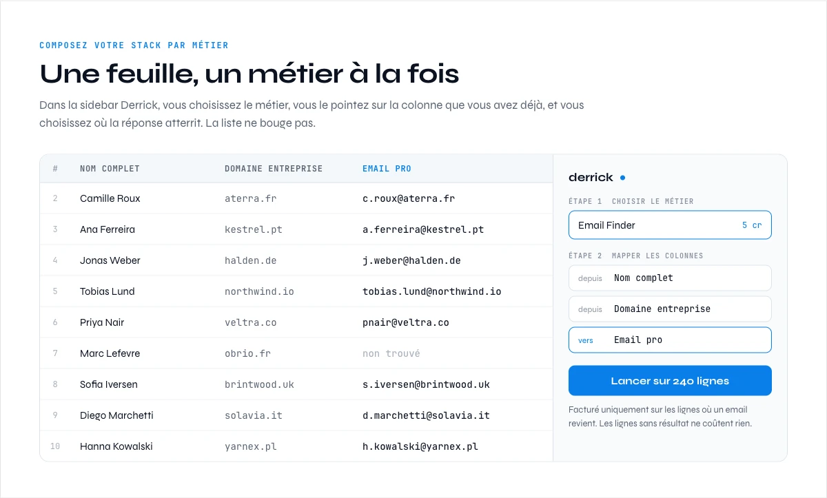 Outils d'enrichissement de données dans un tableur : la sidebar Derrick mappe une colonne d'entrée vers une colonne de sortie