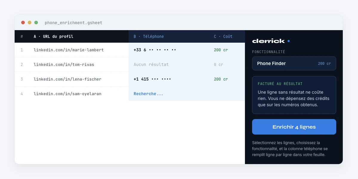 enrichissement telephone dans Google Sheets avec Derrick