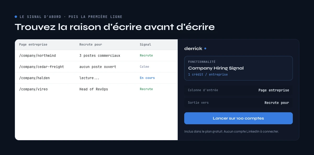 Prospection commerciale B2B à partir d'un signal : Company Hiring Signal dans la barre latérale Derrick