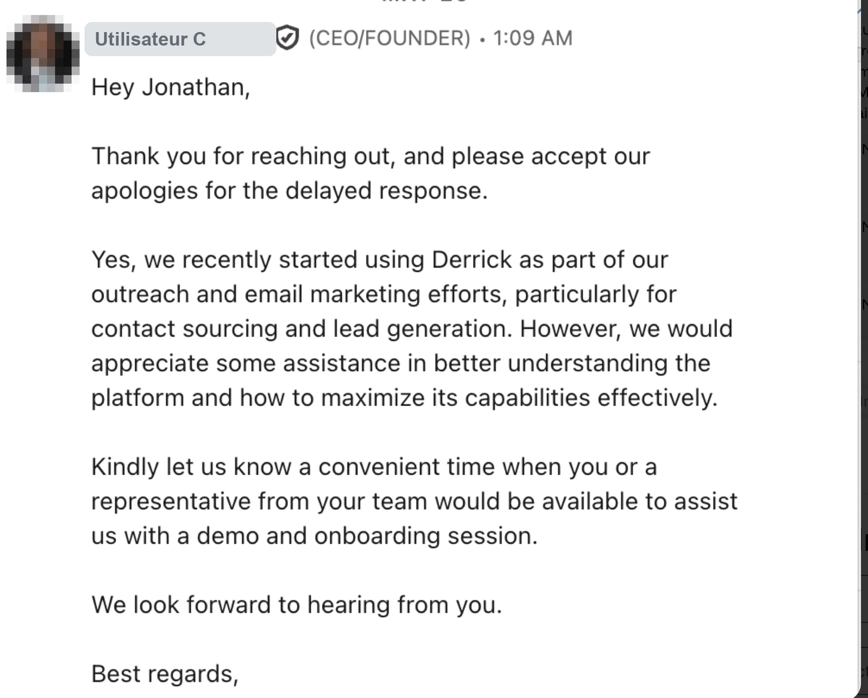 Un utilisateur qui se sert déjà de Derrick demande un accompagnement