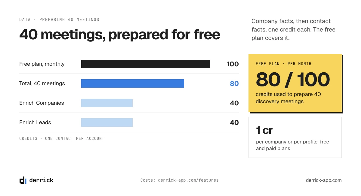 Preparing 40 B2B sales meetings with Derrick: 80 of the 100 free credits