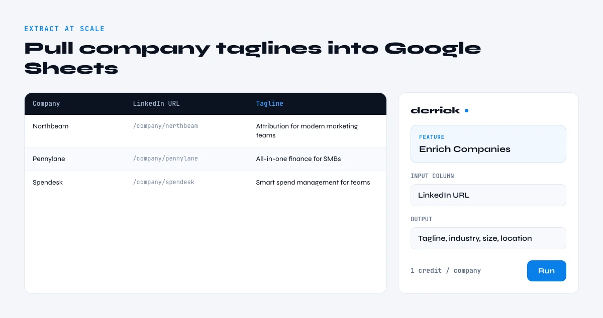 extract company taglines into Google Sheets with Derrick
